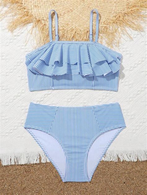 Tween Girl Striped Ruffle Trim Bikini Swimsuit Shein Usa