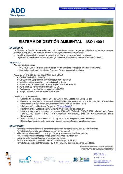 Iso 14001 Sistema De Gestión Ambiental Ficha Del Servicio Add W