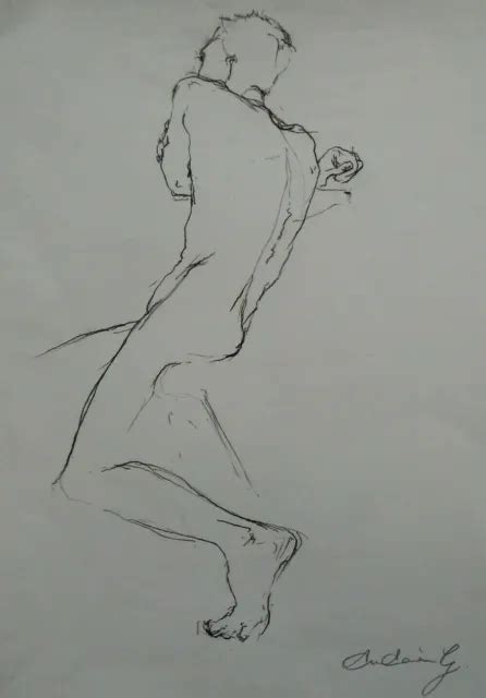 Original Nude Male Seated Pose Life Drawing In Charcoal Pencil
