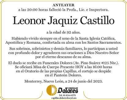 Profra Leonor Jaquiz Castillo Obituario Esquela