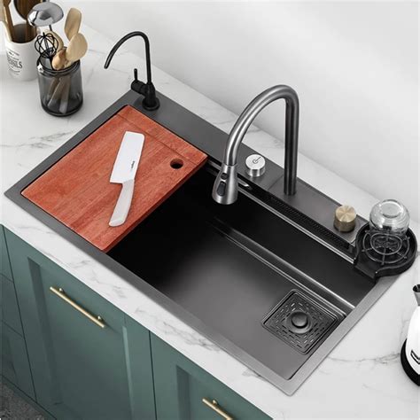 New Black Nano 304 Stainless Steel Waterfall Kitchen Sink 3mm Thick