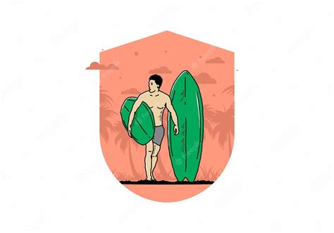 Premium Vector The Shirtless Man Holding Surfboard Illustration