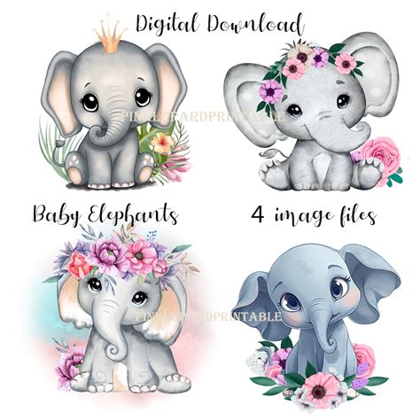 Baby Elephants Bundle Floral Baby Girl Shower Printable Cute Elephant