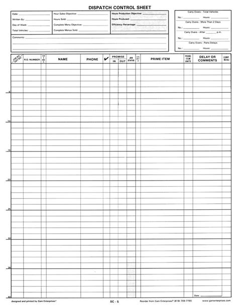 sc  dispatch control sheet gam enterprises automotive supplies