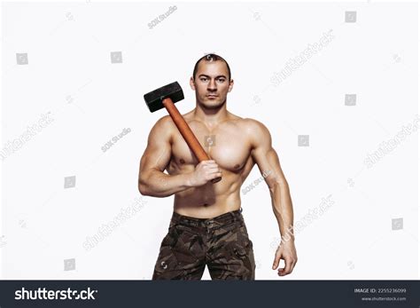 Strong Man Naked Torso Holds Sledgehammer Stock Photo 2255236099 Shutterstock