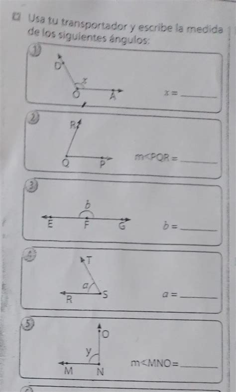 Usa tu transportador y escribe la medida de los siguientes ángulos