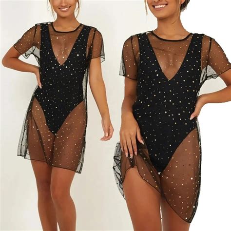 Womens Swimsuit Mesh Dot Squined Dress Padded Swimsuit Monokini Push Up Bikini Sets One Piece