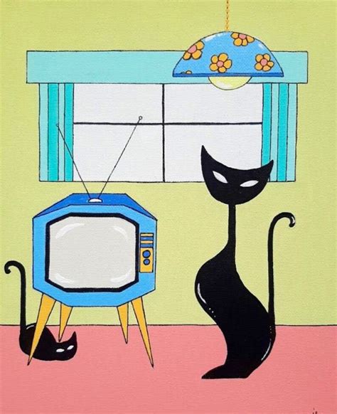 Mid Century Modern Cats Mid Century Style Art Cartoon Cats Etsy