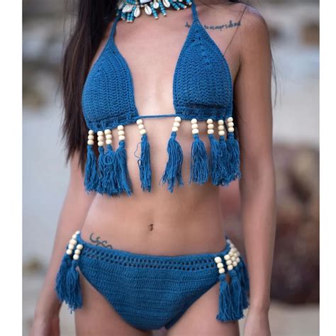 2019 Summer Handmade Crochet Tassel Beads Bikini Set Sexy Women