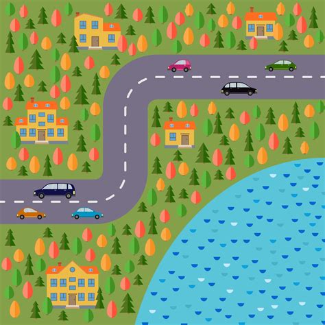 plan de village. paysage avec la route, la forêt, le lac, les voitures