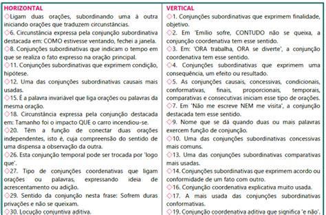 Conjunções coordenadas e subordinadas Cruzadinha Lição Prática