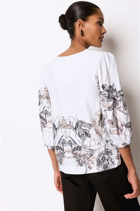 Buy White Black Floral Placement Linen Blend V Neck 3 4 Sleeve Blouse