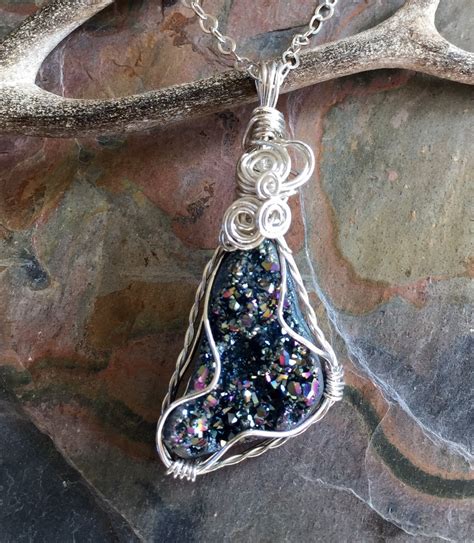 Druzy Necklace Wire Wrapped Titanium Druzy Agate Pendant Necklace In