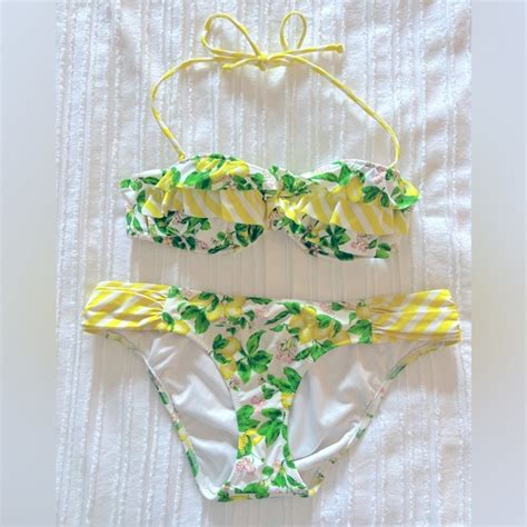 Victoria S Secret Swim Victorias Secret Lemon Bikini Set S A Yellow Green Ruffled Stripes