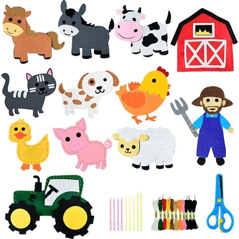 Beginner's Farm Animals Sewing Kit, 12pc Plush Toys Set for Child's ...