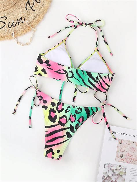 Women S Gradiant Leopard Print Bikini Swimsuit Set With Knots Cut Outs Carnival Shein Usa