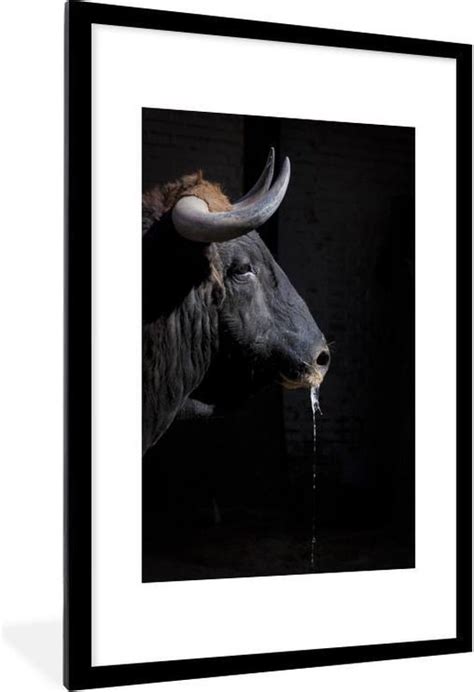 Fotolijst Incl Poster Een Zwarte Stier Met Hoorns Op Een Zwarte Achtergrond 60x90 Bol