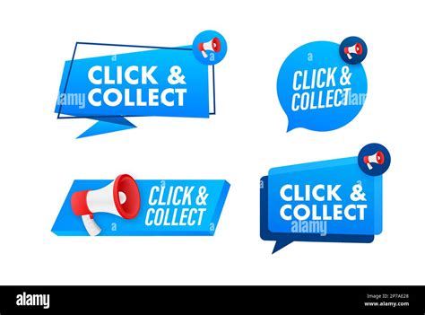 Megaphone Label Set With Text Click And Collect Megaphone In Hand Promotion Banner Marketing