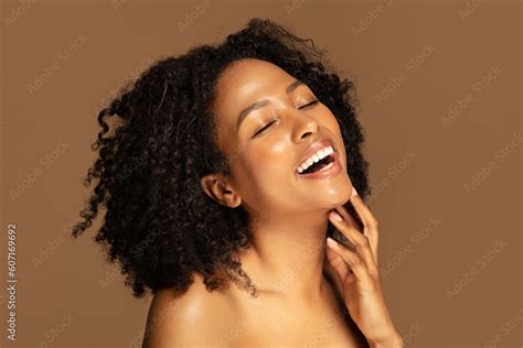 Laughing Sensual Half Naked Black Lady Touching Her Chin Brown Background Stock Photo Adobe Stock