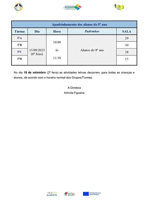 Calendário de receção dos alunos e encarregados de educação do