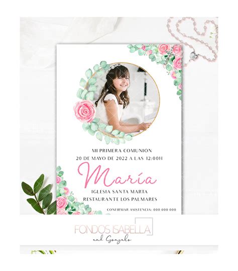 Invitación de Primera Comunión niña rosas