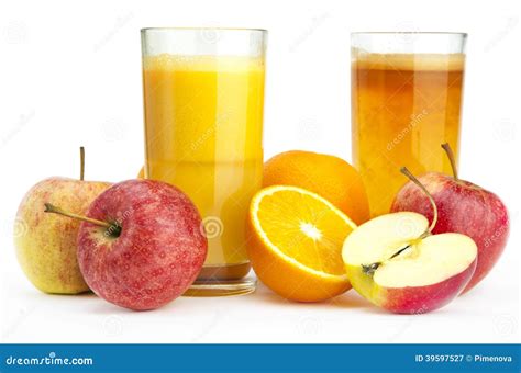 Zumo De La Naranja Y De Manzana Contra Foto De Archivo Imagen