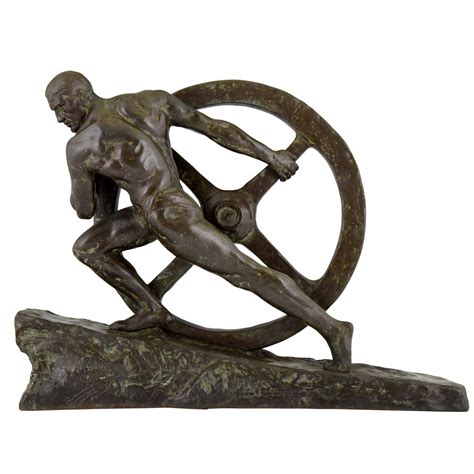 Art Deco Bronze Sculpture Male Nude Pushing A Wheel Deconamic
