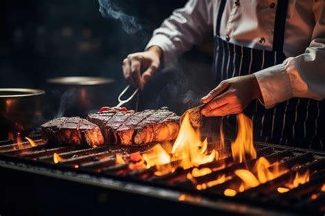 Premium AI Image | Chef Expertly Searing Steak on an Open Flame Grill