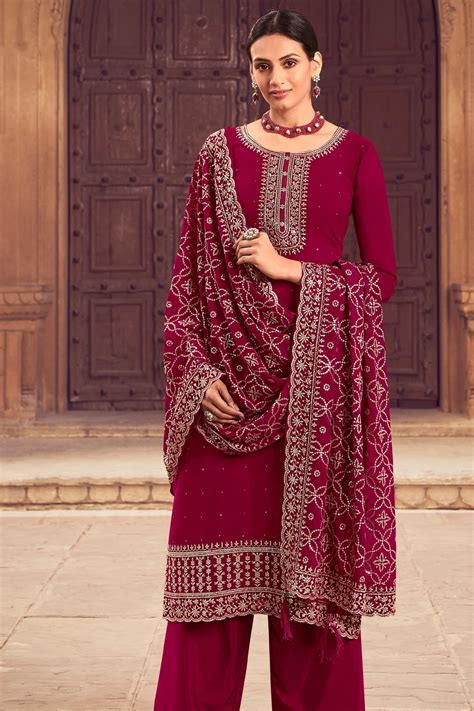 Embroidered Faux Georgette Pakistani Suit In Maroon Ucchal Fashion