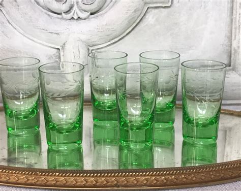 Vintage Green Glass Shot Glasses Set Of Six Etched Shot Glasses Vintage Glassware Etsy