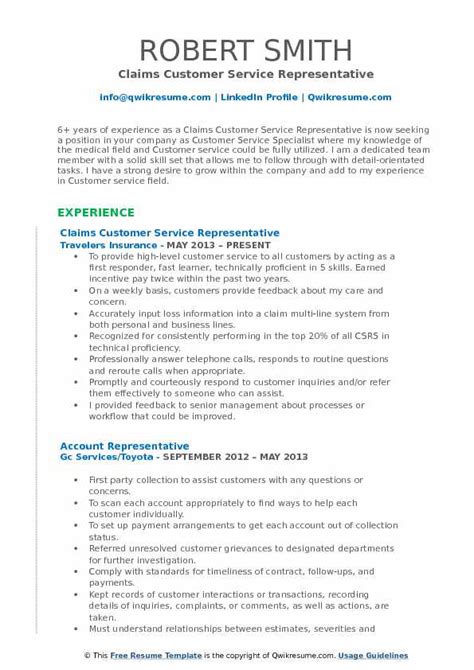 Claims Customer Service Representative Resume Samples Qwikresume