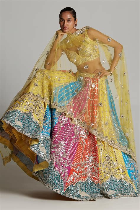 Buy Multi Color Raw Silk Embroidered Mughal Sweetheart Neck Lehenga Set For Women By Angad Singh