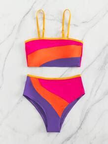 SHEIN Swim Vcay Color Block Bikini Set Contrast Binding Cami Top High Waisted Bottom 2 Piece