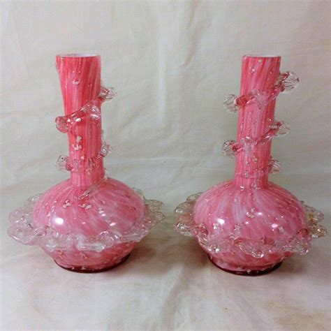 Antique Pair Pink Spangled Art Glass Vases Clear Glass Applied Flowers C 1890