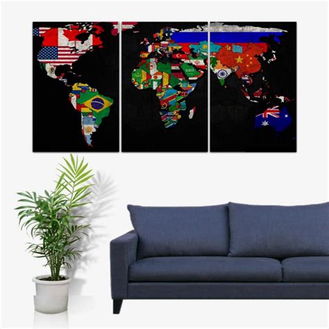 Trio Quadro Decorativo Mosaico 3 Peças 40x60cm Mapa Mundi Bandeiras Dos