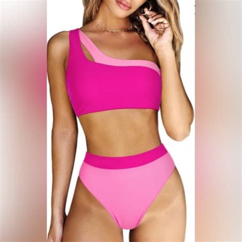 Swim Nwot Rxrxcoco Women One Shoulder High Waisted Color Block Bikini