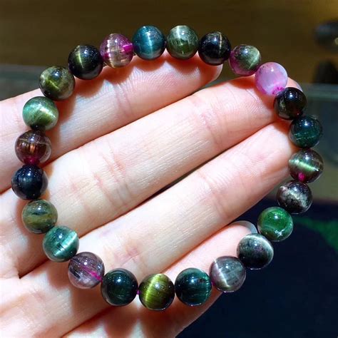 Colorful Tourmaline Cat Eye Beads Natural Crystal Elastic Bracelet