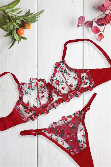 Red Rose Lingerie Set Floral Underwire Bralette Thong Luxury Etsy