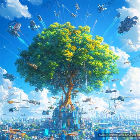 Ai创作图树中的城市 树冠下的城市 许愿树海报 科技智慧之树 连接万物的树 通天神树 神奇小镇 科幻树 大树进城 一颗许愿树 3d许愿树 大树