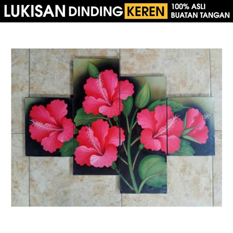 Jual Lukisan Panel Bunga Kembang Sepatu Merah Lukisan Dinding Ruang