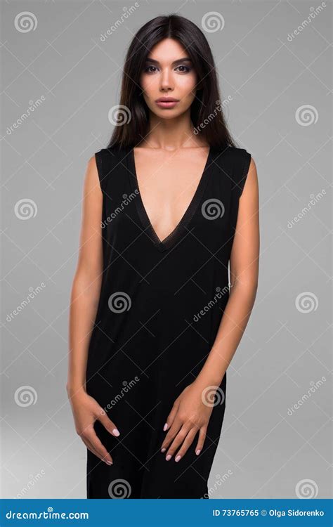 Beatiful Woman In Black Dress Portrait Stock Image Image Of Brunette Lips