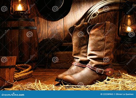 American West Rodeo Cowboy Boots In A Ranch Barn Stock Image Image Of