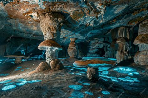 A Cave With A Mushroom And A Large Mushroom In The Middle Premium Ai