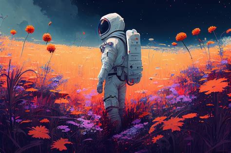 Astronauta En Medio De Un Campo De Flores En Un Planeta Desconocido Ia