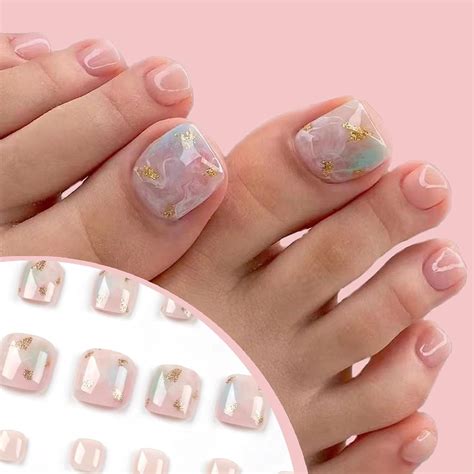 Amazon Yubx Square Toe Press On Nails Clear Nude Toenails Gold Foil Fake Nails Pcs