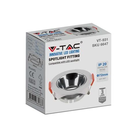 V TAC GU10 Fitting Round White Frame With Chrome Reflector SKU 6647