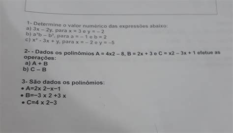 1 Determine O Valor Numérico Das Expressões Abaixo A 3x 2y Para X