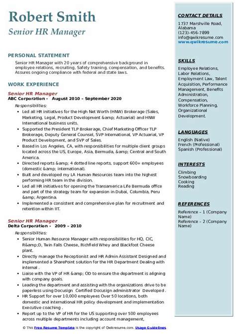 Senior Hr Manager Resume Samples Qwikresume