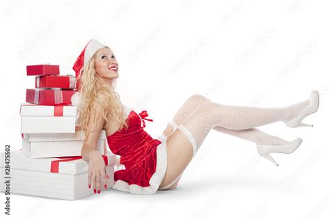Sexy Girl With Blonde Curly Hair Dressed As Santa Stock Photo Adobe Stock