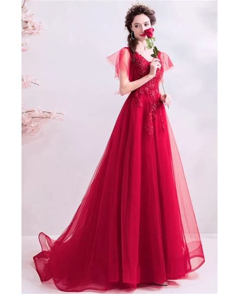 Flowy Red Tulle Aline Long Prom Dress With Beading Puffy Sleeves